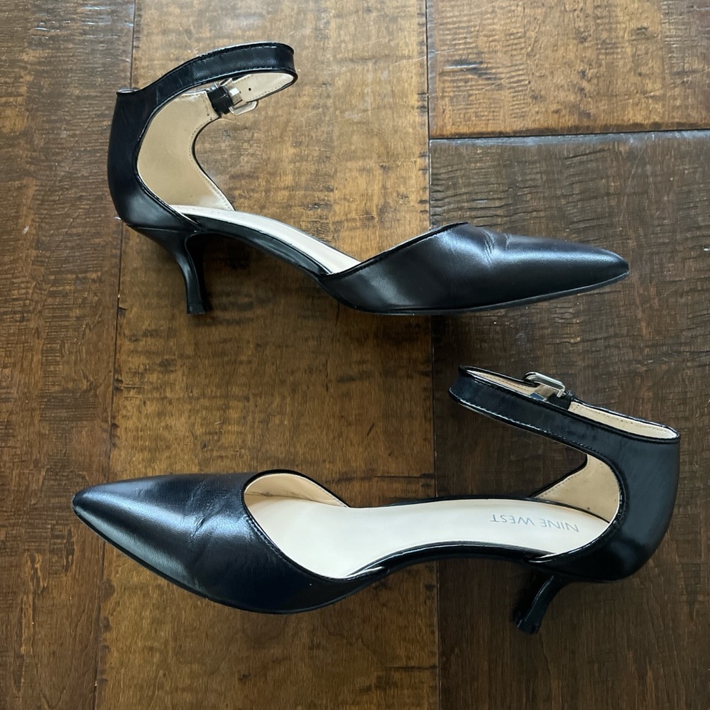 NINE WEST Blugrass black leather kitten heel D'Orsay ankle strap shoes - Picture 2 of 6